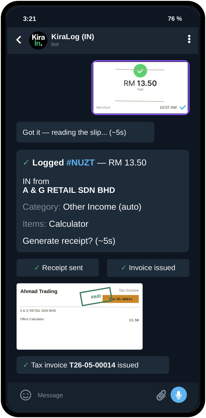KiraLog bot reading a payment slip and issuing a tax invoice in Telegram