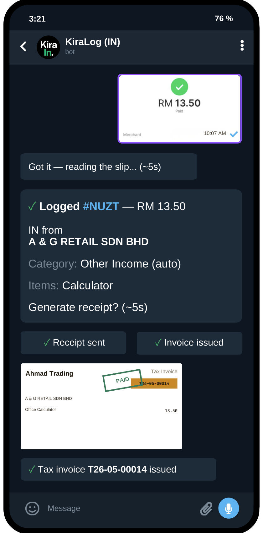 KiraLog bot reading a payment slip and issuing a tax invoice in Telegram